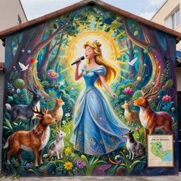 A beautiful street art of Princess Aurora singing in the woods while surrounded by animals. She looks so peaceful and content in the company of the animals, and the colors are simply gorgeous. mythological map by Josan Gonzalez, by Bill Henson amorphous