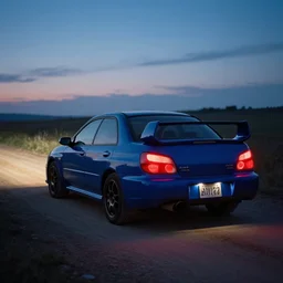 Blue 1999 Subaru WRX driving down dirt road composition twilight glowing red taillights cinematic movie still
