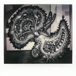 a black and white photo of a monstrous and pathological shape, mandelbrot, in the style of egon schiele, piet mondrian, wassily kandinsky, m c escher, gary baseman, jenny saville, jim henson, surreal, film photography, soft lighting, fashion photography, polaroid photography