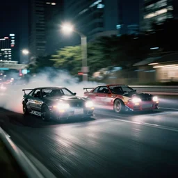 photo of two racing cars at night driving fast through a city, cinematic, 4k, long exposure photography, tokyo drift, fast and furious, film still, night photography, motion blur, lens flare, movie shot, analog camera