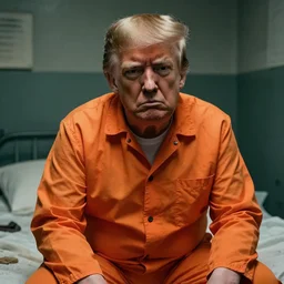 closeup portrait of of angry donald trump wearing orange prison pajamas sitting on a bed in a filthy prison, cinematic masterpiece, octane, dramatic lighting, 35mm, very detailed