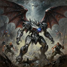 oil painting of 1 9 7 8 mech only battle - panorama nightmare of horror batwings stewing rococo glass bolus, by alberto bontempi, simon bisley & boris vallejo, hyper realism, atomic, creepy, cinematical