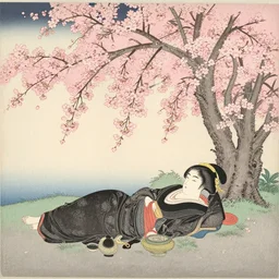 japanese edo period woodblock print of a girl laying underneath pink blossoming cherry trees in the background, art by greg rutkowski and yoji shinkawa and akira toriyama