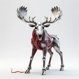 stylized shiny polished silver statue full body bizarre cosmic horror quadruped animal moose deer skull four legs made of slug creature tendrils, perfect symmetrical body, perfect symmetrical face, hyper realistic, hyper detailed, by johannen voss, by michelangelo, octane render, blender, 8 k, displayed in pure white studio room anatomical deep red arteries veins spaghetti flesh