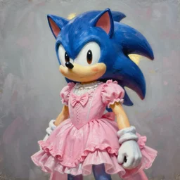 female Sonic wearing an attractive frilly pink dress, painted by Zdzisław Beksiński, expressive beautiful painting, award winning, trending on artstation, deviantart, mastercraft, raytraced, detailed, high quality, key visual, sharp, backlit, gorgeous lighting, HDR, ultrahd, 4k, 8k, ultra-high resolution