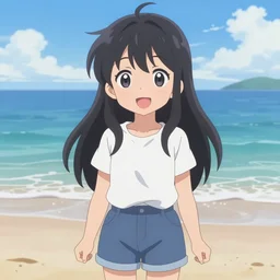 a cute anime girl standing on the beach, smiling at the camera