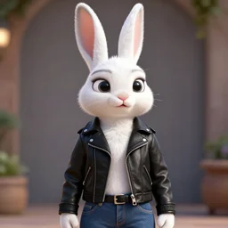 upper body portrait, a white anthropomorphic female rabbit, wearing a black ⬛ leather jacket and denim pants, detailed, unreal engine 5, cinema 4 d cinematic, artstation, in the style of zootopia