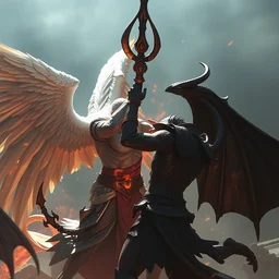 a fight to death between an angel and a demon. epic. godlike. god battle. award winner. unreal 5. 8 k. unreal engine. digitalart. artstation. god of war