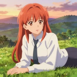 anime art full body portrait character concept art, anime key visual of elegant young female, light orange - red hair, straight bangs and large eyes, white formal shirt and tie, finely detailed perfect face delicate features directed gaze, laying down in the grass at sunset in a valley, trending on pixiv fanbox, studio ghibli, extremely high quality artwork