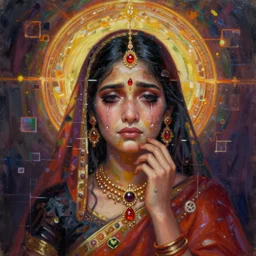 an indian princess, ayahuasca purge, magic halo, broken soul, deep sickness oil paint, surrealist highly detailed at, ethereal, trending on art station, emotional surrealism oil painting, tears, crying, glitching squares, very very very very very beautiful