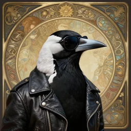 an australian magpie wearing sunglasses and a leather jacket, photography of kurzgesagt, deep focus, d & d, fantasy, intricate, elegant, highly detailed, digital painting, artstation, concept art, matte, sharp focus, illustration, hearthstone, art by artgerm and greg rutkowski and alphonse mucha