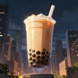a giant bubble tea drink hovering over new york city, dramatic, cinematic lighting, makoto shinkai, environment concept, digital art, unreal engine, wlop, trending on artstation, 3 point perspective, low level, 4 k uhd image, octane render,