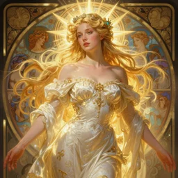 digital character concept art by artgerm and greg rutkowski and alphonse mucha. clear portrait of a modern young wife blessed by god to uncontrollably become overwhelmingly perfect!! blonde, full - figure in clothes, obviously feminine holy body!! light effect. hyper detailed, glowing lights!! intricate, elegant, digital painting, artstation, smooth, sharp focus