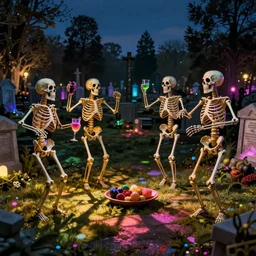 skeletons have a night party at the cemetery, with colorful lights, drinks and food. They are dancing. As photograph