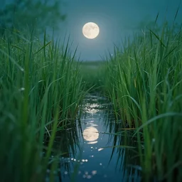 A beautiful and dreamy spring that is surrounded by long green grass and the moonlight shines and the reflection of the moon falls in the spring, professional photography