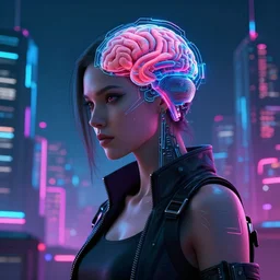cyberpunk woman with brain integrated with scifi city, rendered in arnold engine, high detailed, 8k, trending on artstation cyberpunk 2099 blade runner 2049 neon