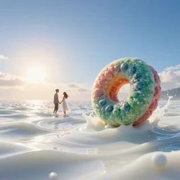 side view of a couple oversized huge fruit loops that float on white vitamin d milk ocean of gentle rolling waves made of white milk. blue sky morning sun on horizon. digital art, cgsociety award winner, ue 5, 4 k, dramatic lighting, subsurface scatter, hdr, dues ex.