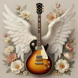 high detailed digital painting of a gibson electric guitar, beautiful flowers, angel wings, symmetrical guitar, golden ratio, rule of thirds, flowers in background, flowerpunk, guitarcore, elegant, by lea leonowicz, by maks trofimov, by jenny brozek, by johannes wessmark