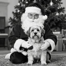 santa's little helper dog as a real person, black and white photo