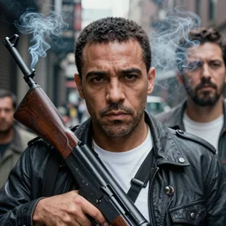 closeup portrait of a mobster with an uzi in a smoky new york back street , by Steve McCurry and David Lazar, natural light, detailed face, CANON Eos C300, ƒ1.8, 35mm, 8K, medium-format print