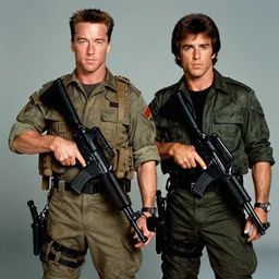 young arnold photoshoot of commando versus rambi. young arnold schwarzenegger as matrix, from commando and young sylvester stallone as rambo, photoshoot in the style of annie leibovitz,