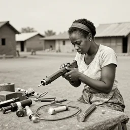 photo of beautiful African woman inspecting laser gun, tools and junk on the ground,wires with lights, old village in the distance, vintage old photo, black and white, sepia