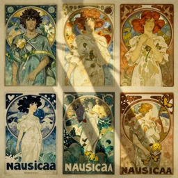 by aubrey beardsley, by yoshitaka amano, by alphonse mucha, movie poster for a nausicaa
