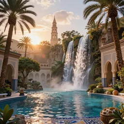 beautiful oasis waterfalls surrounded by palm trees, moroccan tile archways, date trees, ivory towers, sun setting, ross tran, nephilim, pyroclastic flow, ethereal, fantasy, james jean, oozium, peter morbacher, angelarium, alchemy, luxury, heavenly light, soft illumination, trending on artstation, cinematic lighting, digital painting, octane render, artgerm