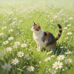cat and daisies, painting by craig mullins, octane rendering, soft morning lighting, wide angle lens, in the style of hayao miyazaki, trending on artstation
