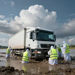 a euro truck stuck in mud or water, being rescued by ghosts wearing high - visibility vests, surreal, professional photograph, 5 0 mm, fisheye, epic lighting, giant clouds in the background
