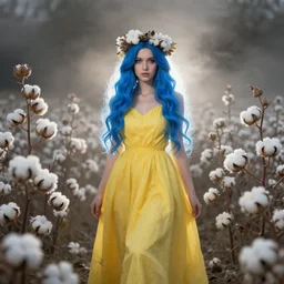 goddess of cotton, full body model pose, blue hair, yellow dress, crown of flowers, beautiful symmetrical face!!!, cinematic lightning, rim light, white! cotton!!!! flowers background, murky dusty deep smoky eyes, ross tran, greg rutkowski