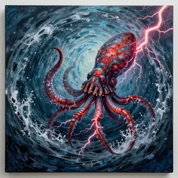 mixed media art of a giant elder kraken covered in red lightning in the middle of a giant whirlpool