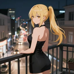 a blonde woman with a ponytail wearing black stands on her balcony over a city street at night, anime style, 4k