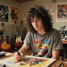 pretty punk rock young man mid 20s clean shaven with messy very long curly dark brown hair falling in his face and a band tee painting in a vintage 80s artist studio interior, old wood floors, musical instruments and band posters, messy maximalist interior, warm, painting by Craig Mullins, octane rendering, soft morning lighting, wide angle lens, low view, in the style of Hayao Miyazaki, trending on artstation,