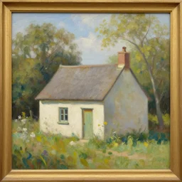 a painting of a little cottage