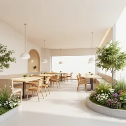 a open plan area with a restaurant at one side, and a small flower garden on the other side, on a space station, from a space themed lucasarts point and click 2 d graphic adventure game, art inspired by thomas kinkade