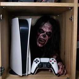 grainy photo of a playstation as a creepy monster in a closet, harsh flash