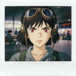 a polaroid film portrait stil of an very angry 1 9 5 0's aviator girl, red eyes, finely detailed features, closeup at the faces, perfect art, in the airport yard, gapmoe yandere grimdark, trending on pixiv fanbox, painted by greg rutkowski makoto shinkai takashi takeuchi studio ghibli, akihiko yoshida,