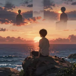 isekai masterpiece anime boy sitting on a rock off to the side looking down upon ocean, during dawn, cinematic, very warm colors, intense shadows, anime illustration, anime screenshot composite background