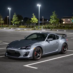 A high quality photo of a japanese sports car in a parking lot, at night