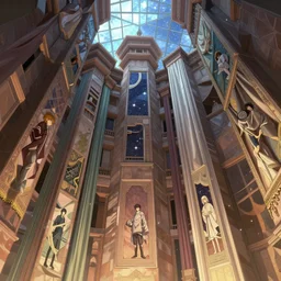 polygonal petra towers with giant walls and glass ceilings showing the stars and hanging silk drapery and tapestries, light dust, magnificent, close up, details, sharp focus, elegant, highly detailed, illustration, by Jordan Grimmer and greg rutkowski and PiNe(パイネ) and 薯子Imoko and 香川悠作 and wlop and maya takamura, intricate, beautiful, Trending artstation, pixiv, digital Art