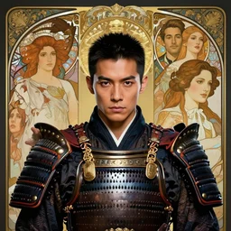 portrait of a handsome cyberpunk mike shinoda wearing a samurai armor, beautiful symmetrical face, fantasy, regal, by stanley artgerm lau, greg rutkowski, thomas kindkade, alphonse mucha, loish, norman rockwell.