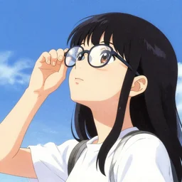 a girl using glasses looking to the sky, artwork by yoji shinkawa