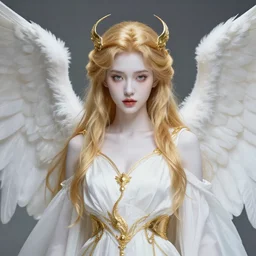 alluring angel in paradise portrait, white robes, golden accessories, facial features, golden hair, white skin, lipstick, symmetrical wings, high fantasy, extremely detailed, sharp focus, smooth, digital illustration, by artgerm, rossdraws, franzzeta