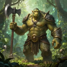 giant orc - reptile beast holding an axe : : fantasy style : : jungle scenery