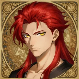 portrait of hisoka morow hunter hunter, male, sharp jaw yellow eyes narrow sultry eyes red hair soft bunched stylized hair swept back crimson medium length hair, anime, fantasy, intricate, elegant, highly detailed, digital painting, artstation, concept art, matte, sharp focus, illustration, art by artgerm and greg rutkowski and alphonse mucha
