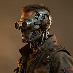 a rugged research engineer man with cybernetic enhancements, detailed lens mask, scifi character portrait by greg rutkowski, esuthio, craig mullins, 1 / 4 headshot, cinematic lighting, dystopian scifi gear, gloomy, profile picture, mechanical, half robot, implants, steampunk, warm colors