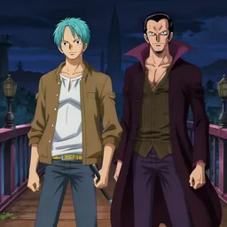 two young men, one man human, one man vampire, night, on a birdge, in the style of one piece