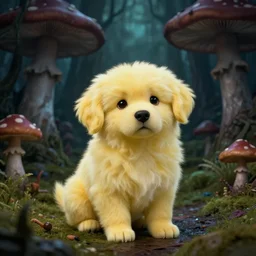 cute yellow fluffy puppy dog in a dark toxic mushroom forest. style of lovecraft horror. 4 k photorealistic.