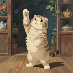 A Scottish Fold cat standing up, by studio ghibli painting, by Joaquin Sorolla rhads Leyendecker, An aesthetically pleasing, dynamic, energetic, lively, well-designed digital art, by Ohara Koson and Thomas Kinkade, traditional Japanese colors, superior quality, masterpiece